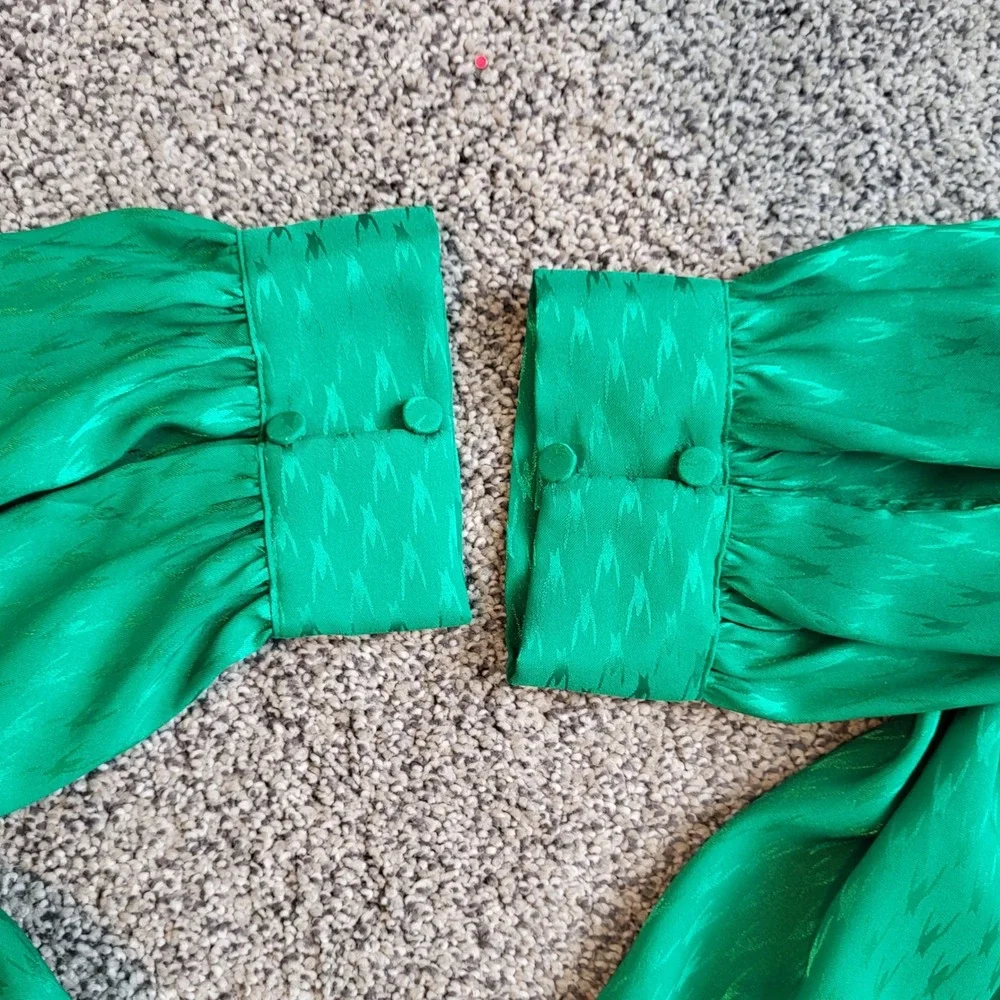 Express Emerald Satin Jacquard Faux Wrap Mini Dress L Belted Long Sleeve Patrick